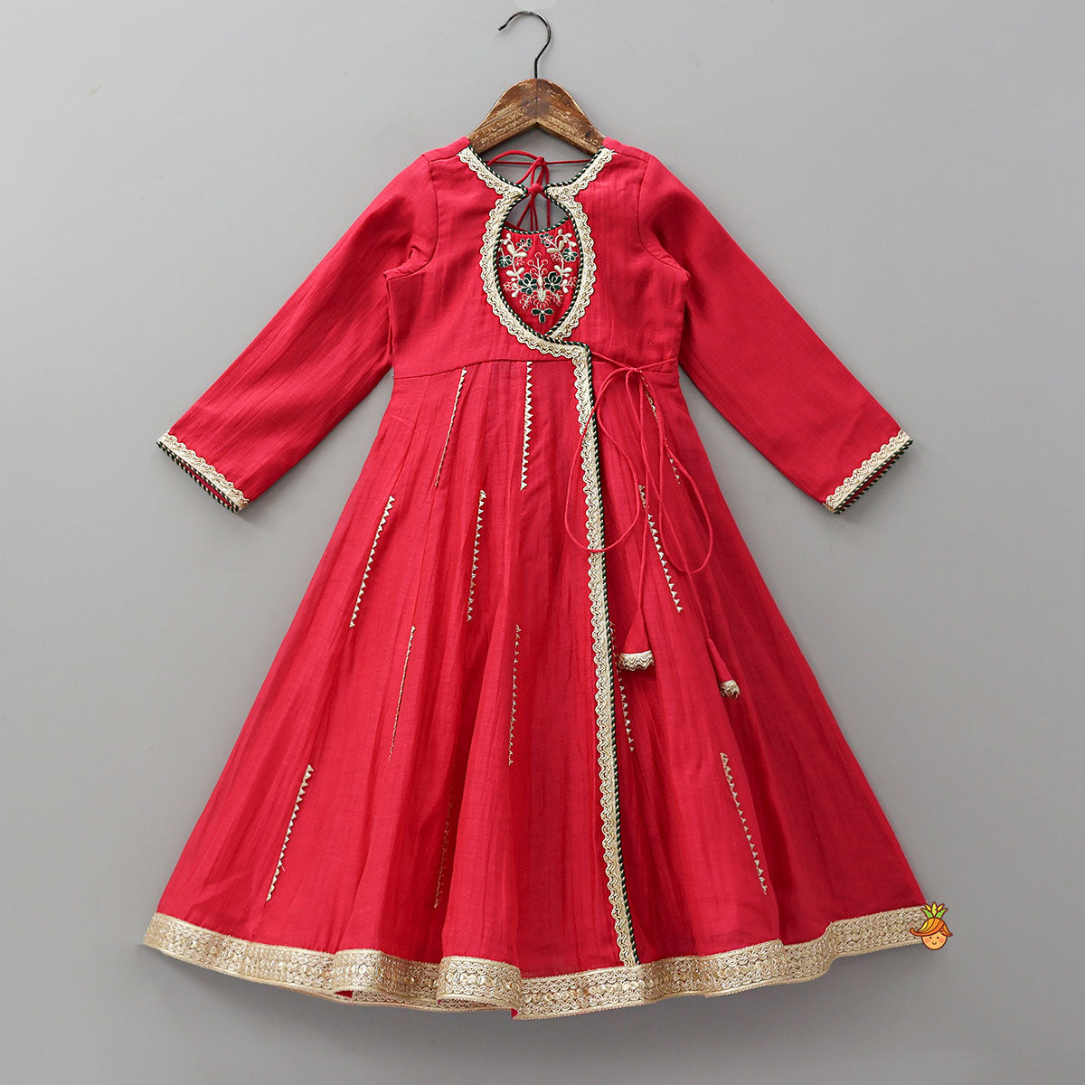 Round Neck Embroidered Yoke Ethnic Anarkali With Contrasting Dupatta And Potli Bag