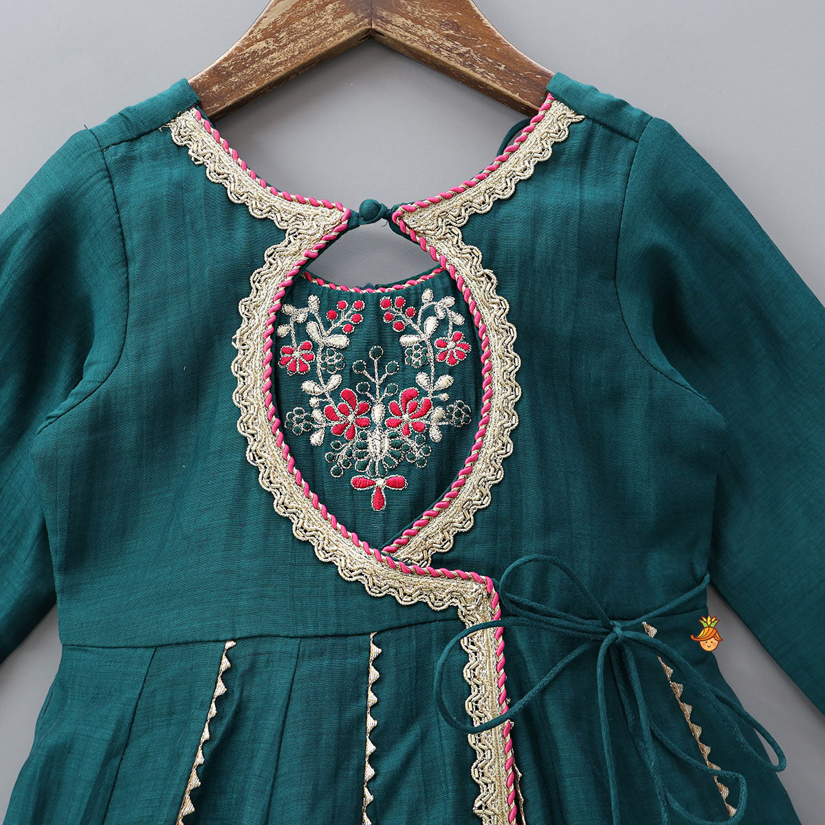 Round Neck Embroidered Yoke Anarkali With Contrasting Dupatta And Potli Bag