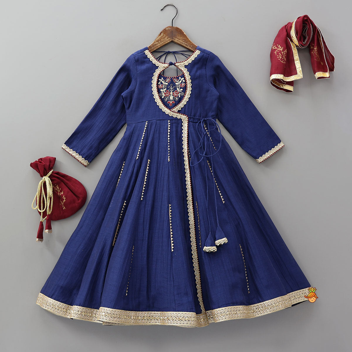 Floral Embroidered Flap Anarkali With Dupatta And Potli Bag