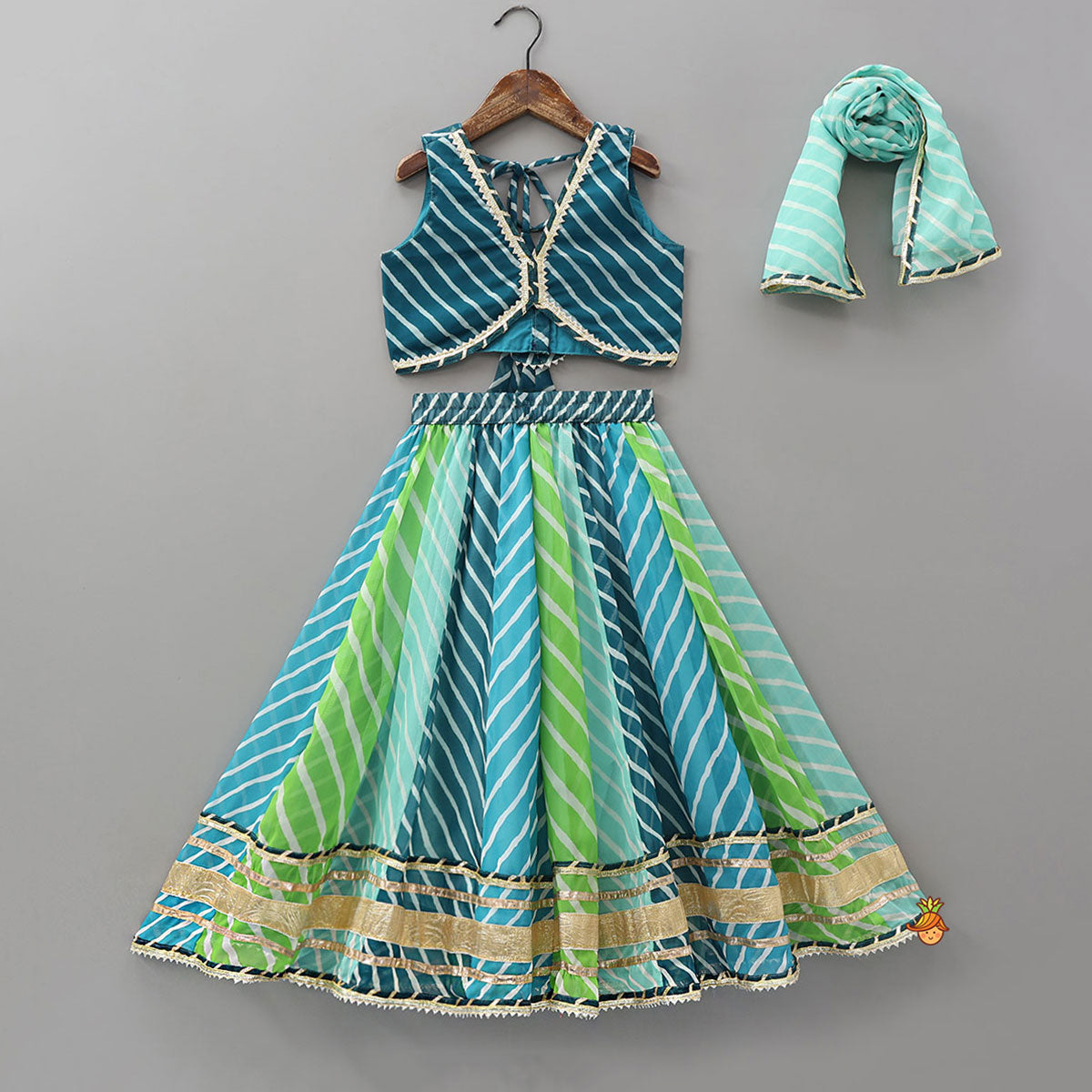 Leheriya Printed Pretty Crop Top And Lehenga With Dupatta