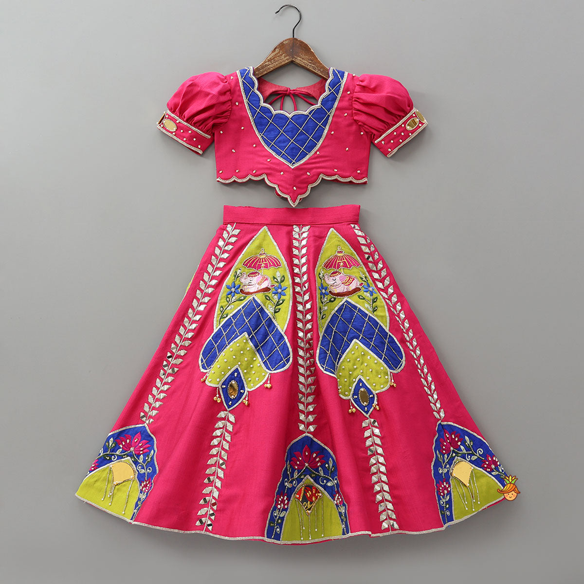 Scalloped Design Crop Top And Applique Work Lehenga With Dupatta