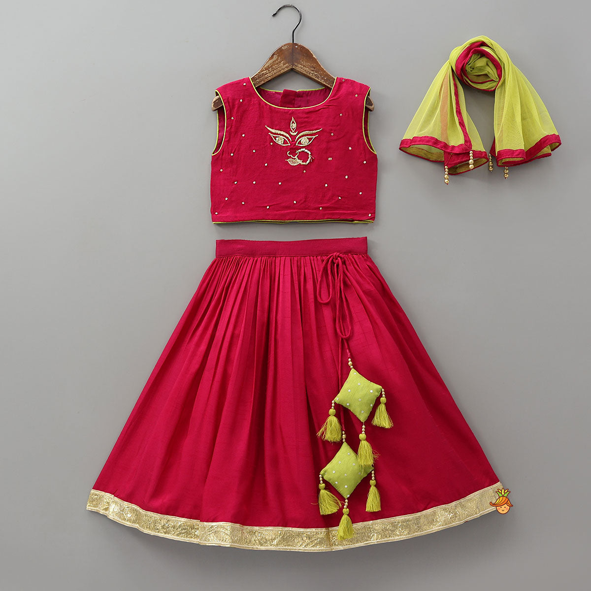 Goddess Durga Embroidered Top And Contrasting Tassel Detail Lehenga With Dupatta