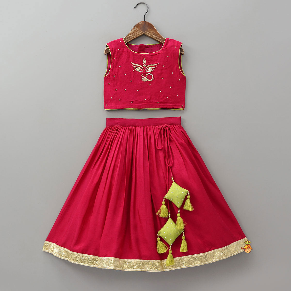 Goddess Durga Embroidered Top And Contrasting Tassel Detail Lehenga With Dupatta