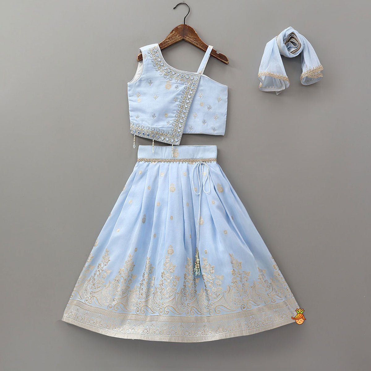 Mirror Embellished Flap Crop Top And Lehenga With Dupatta