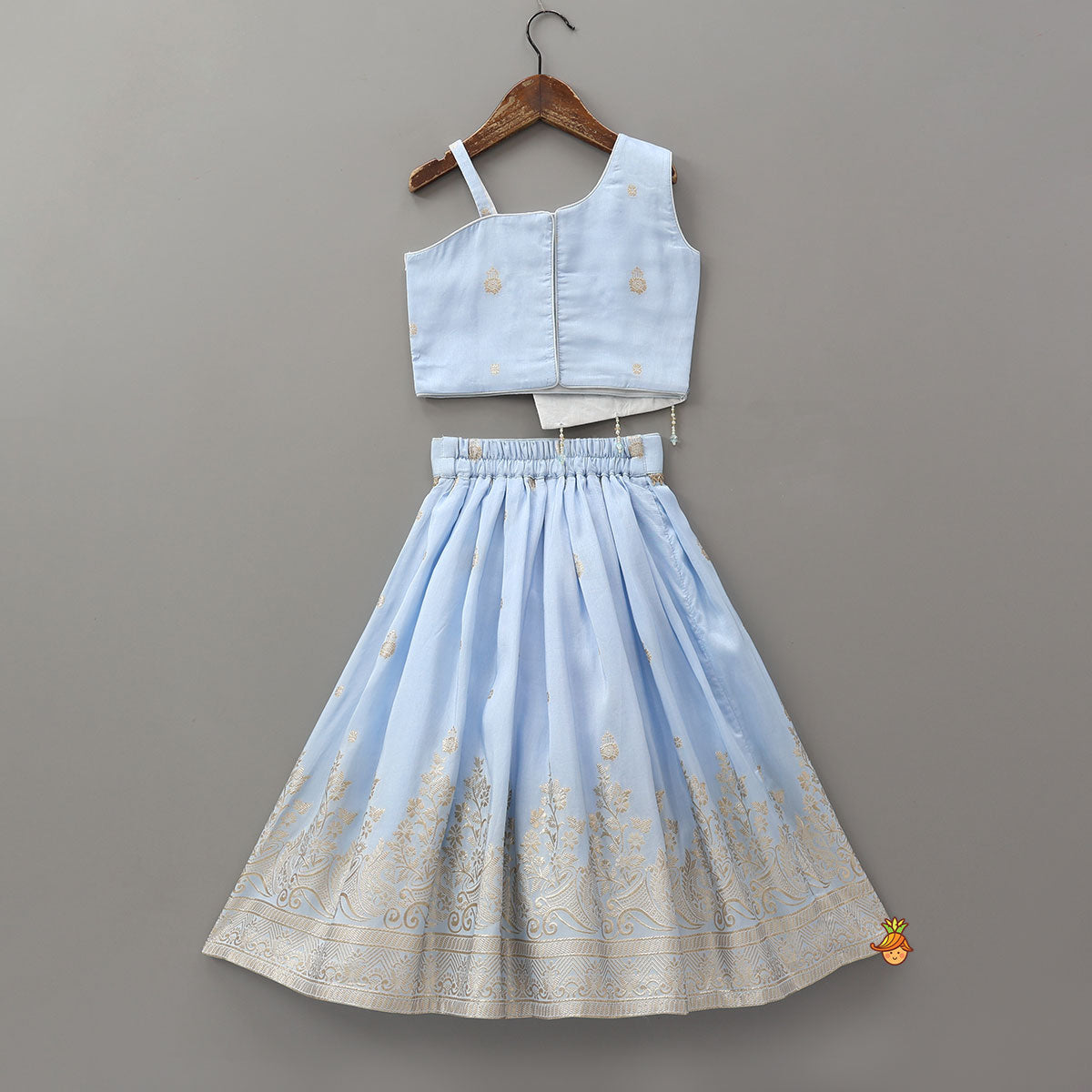 Mirror Embellished Flap Crop Top And Lehenga With Dupatta