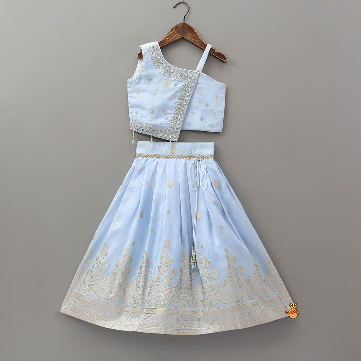 Mirror Embellished Flap Crop Top And Lehenga With Dupatta