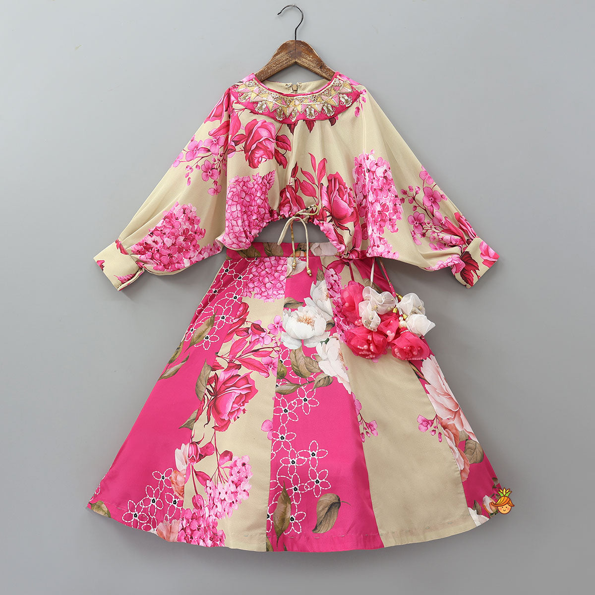Stylish Sleeved Crop Top And Floral Printed Lehenga