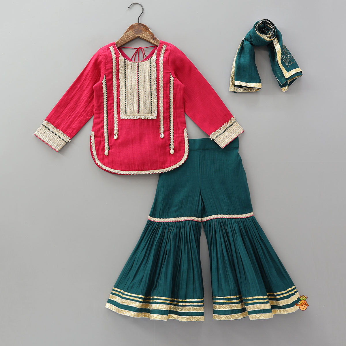 Lace Detailed Curved Hem Kurti And Sharara With Dupatta