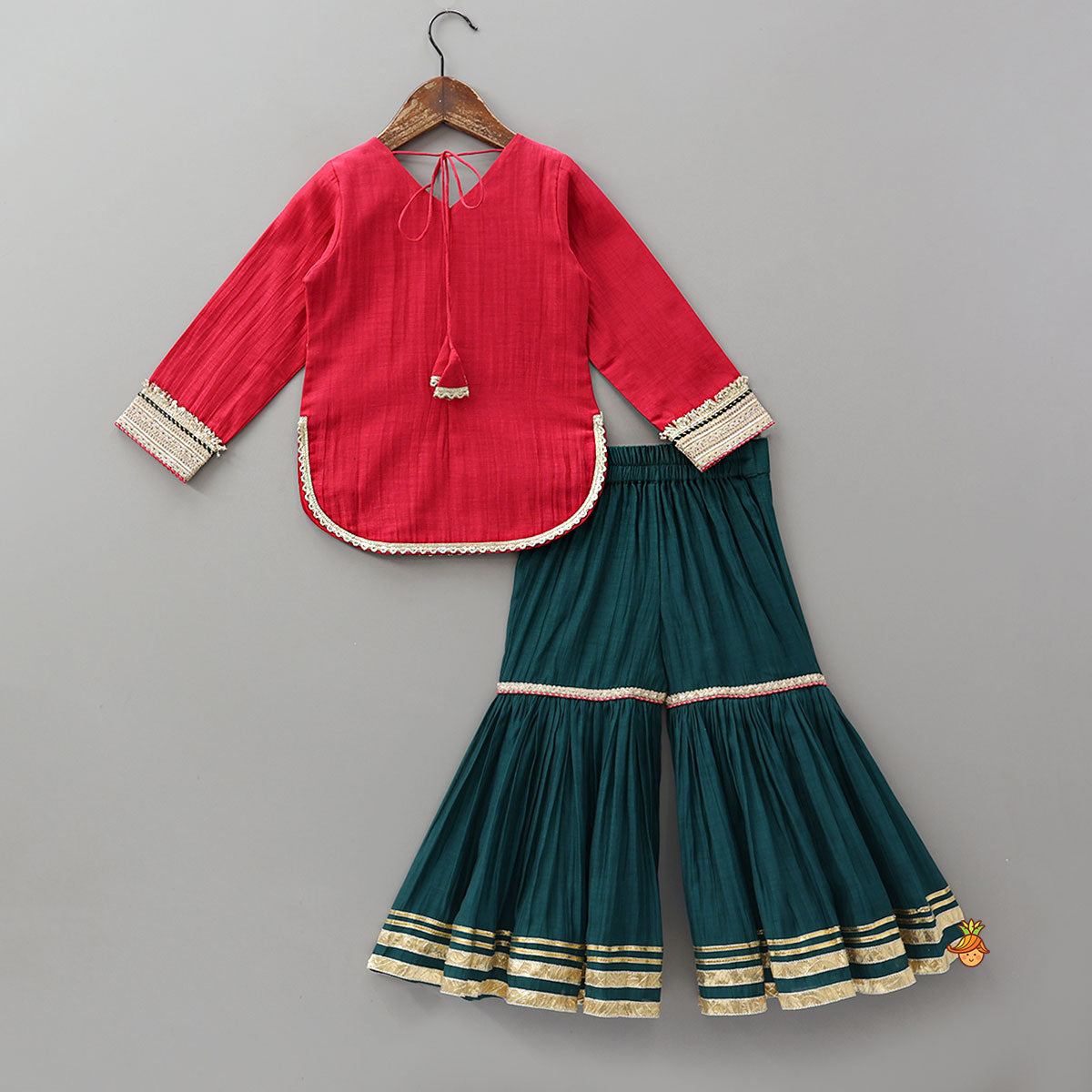Lace Detailed Curved Hem Kurti And Sharara With Dupatta