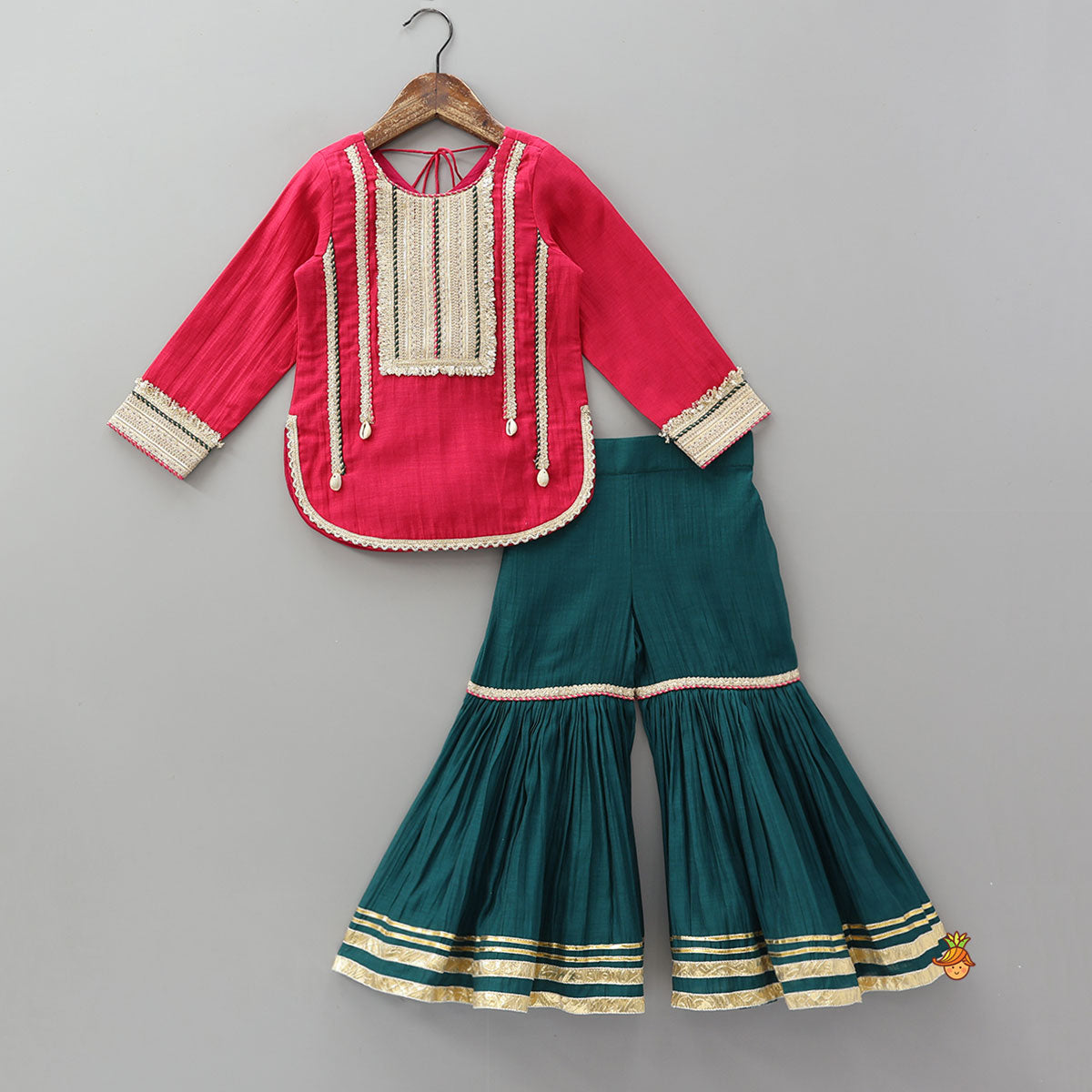 Lace Detailed Curved Hem Kurti And Sharara With Dupatta