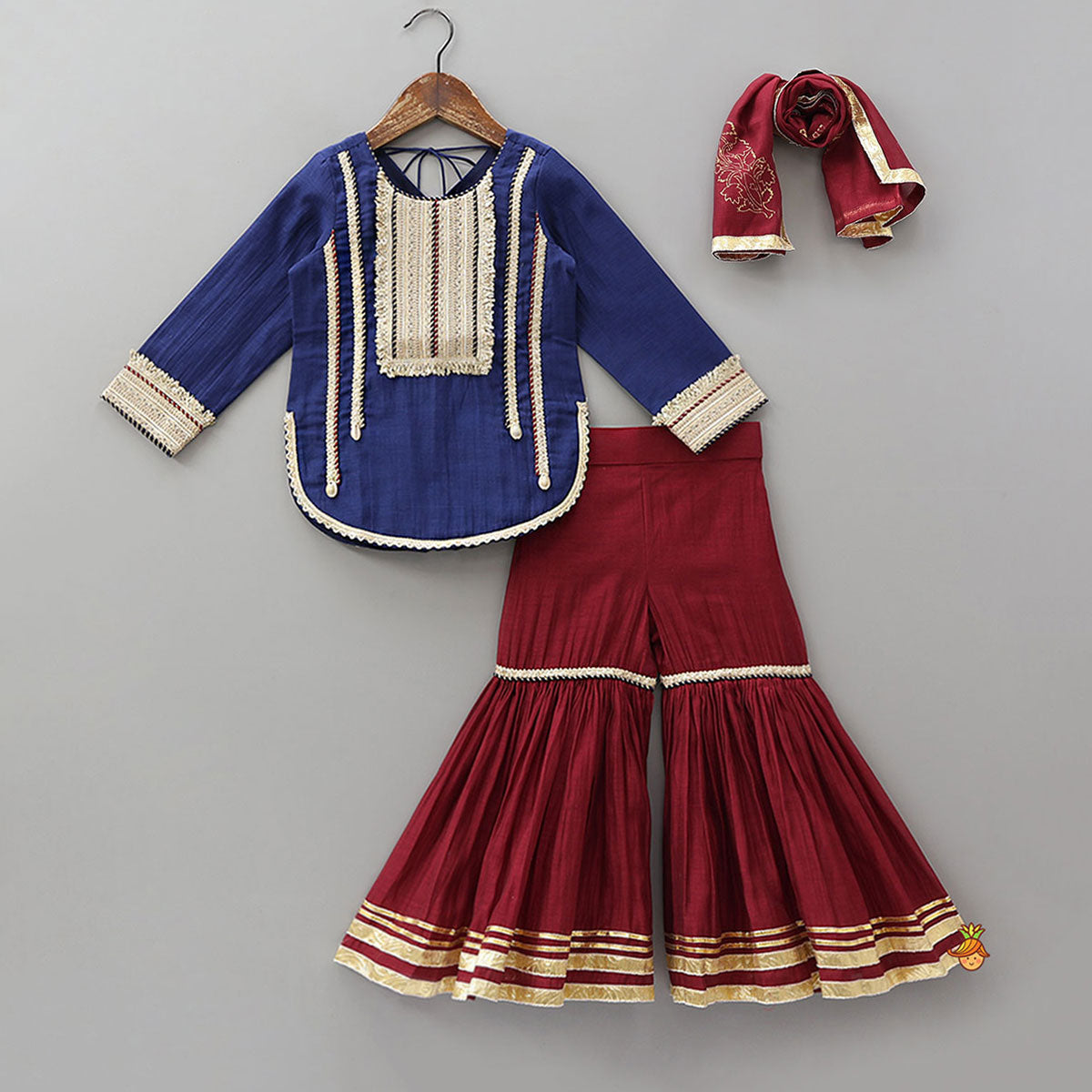 Lace Detailed Curved Hem Beautiful Kurti And Sharara With Dupatta