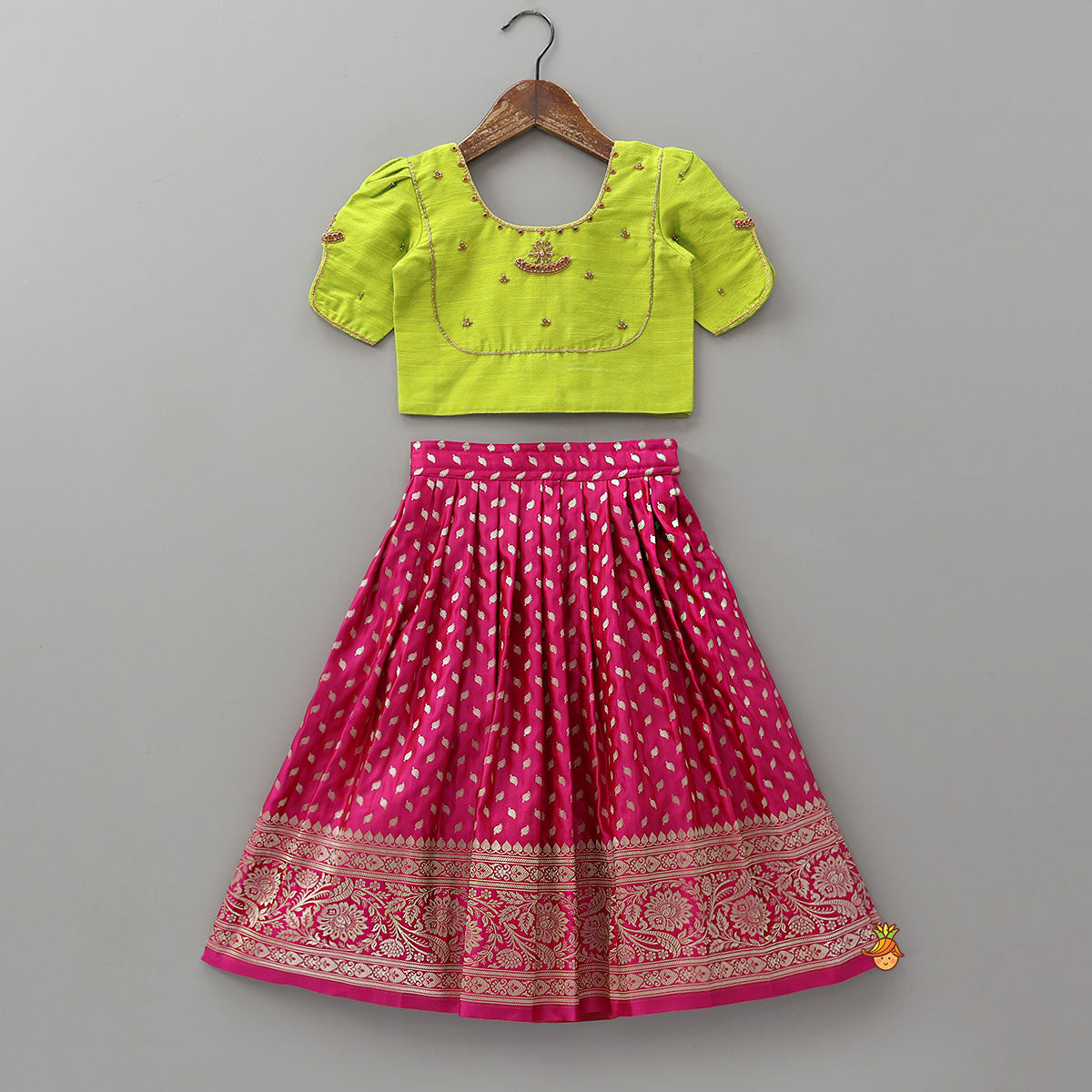Embroidered Crop Top And Brocade Pleated Lehenga