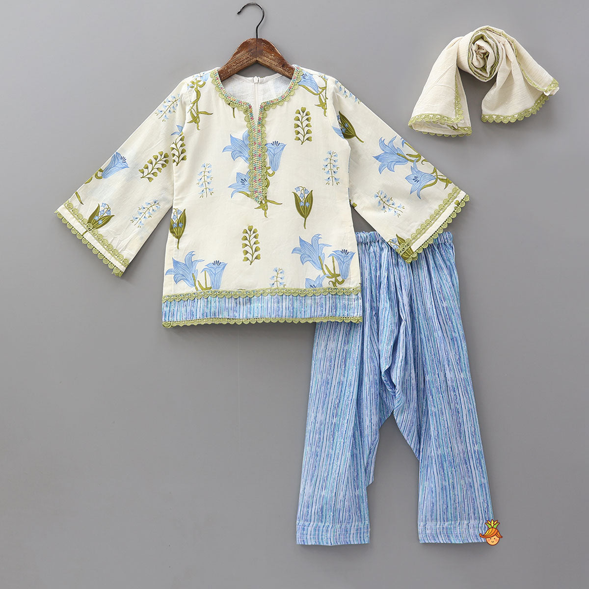 Floral Printed Bell Sleeve Kurti With Striped Farshi Salwar And Dupatta