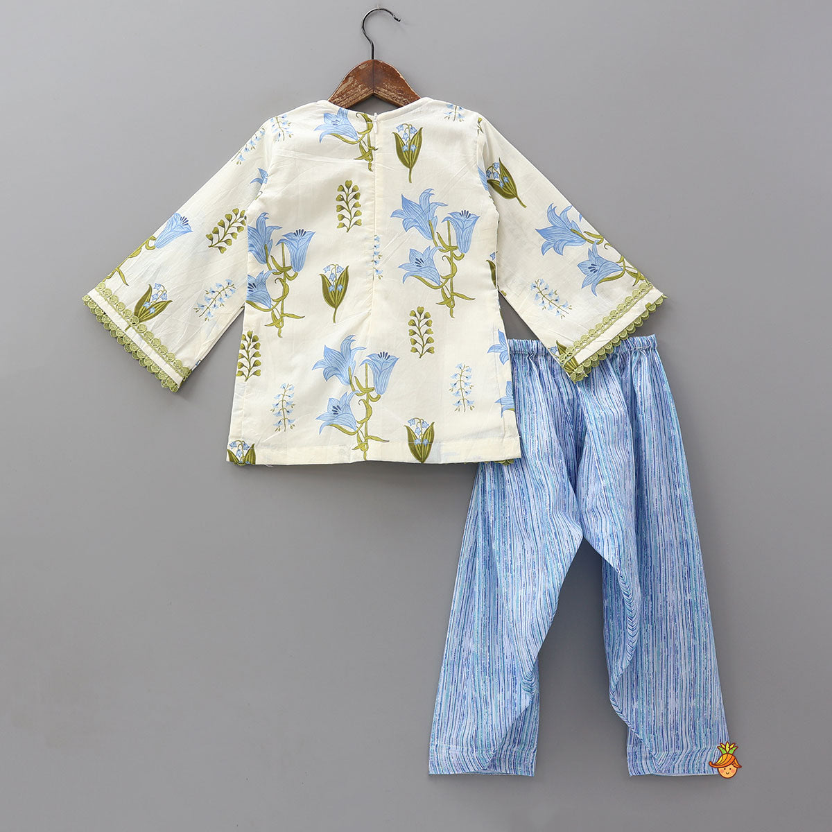 Floral Printed Bell Sleeve Kurti With Striped Farshi Salwar And Dupatta