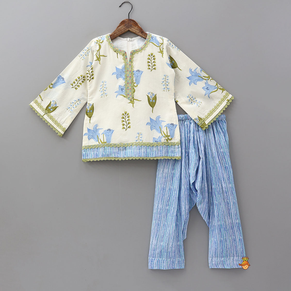 Floral Printed Bell Sleeve Kurti With Striped Farshi Salwar And Dupatta