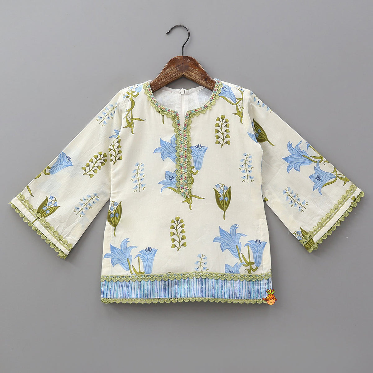Floral Printed Bell Sleeve Kurti With Striped Farshi Salwar And Dupatta