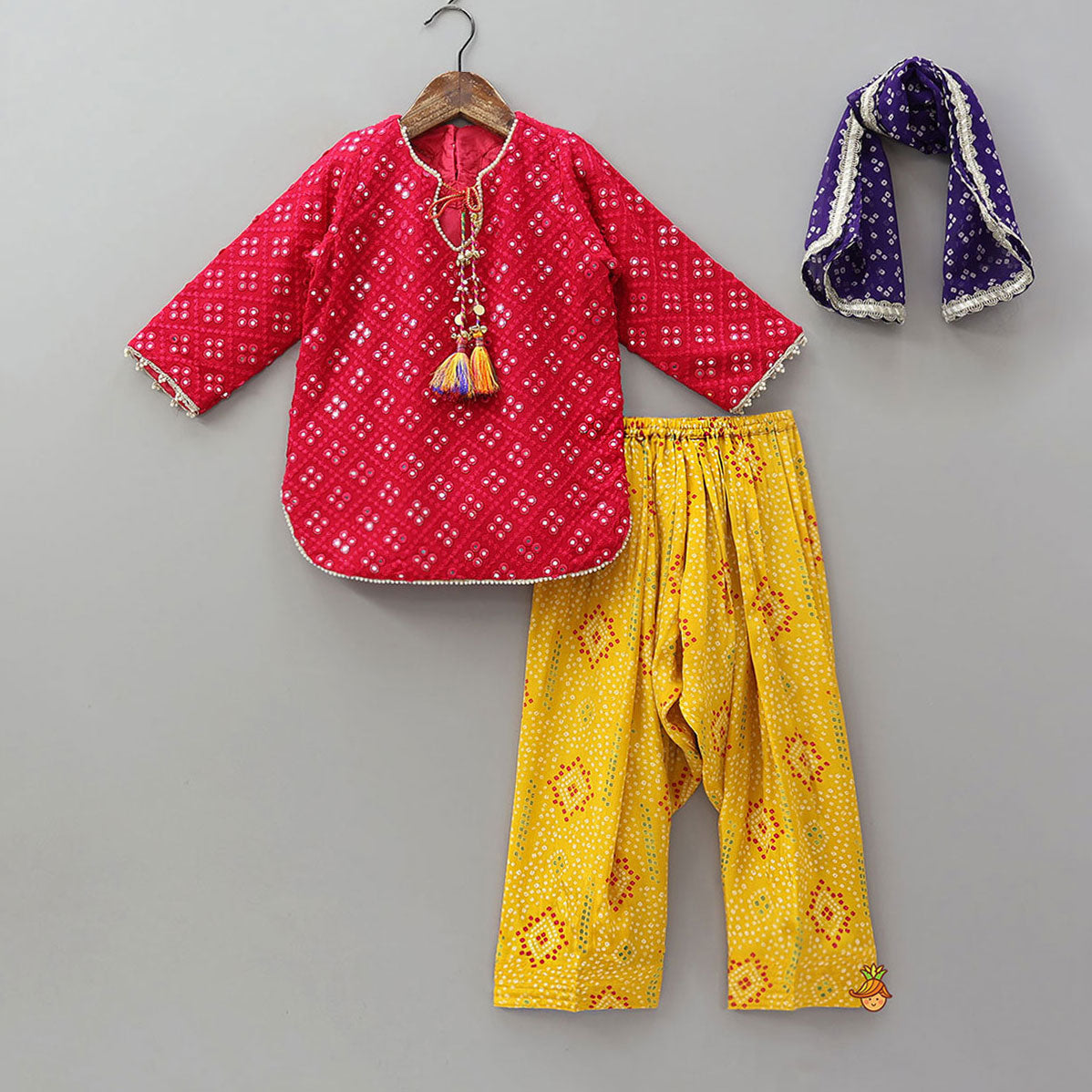 Festive Faux Mirror Embroidered Kurti And Farshi Salwar With Bandhani Printed Dupatta