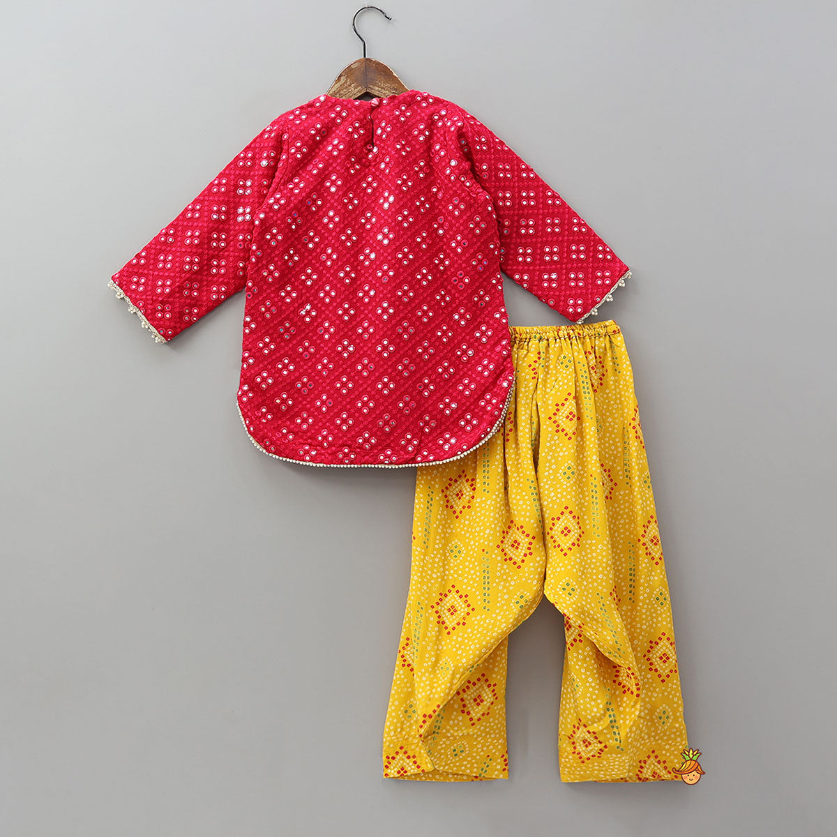 Festive Faux Mirror Embroidered Kurti And Farshi Salwar With Bandhani Printed Dupatta