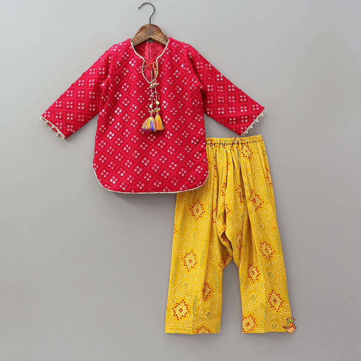 Festive Faux Mirror Embroidered Kurti And Farshi Salwar With Bandhani Printed Dupatta