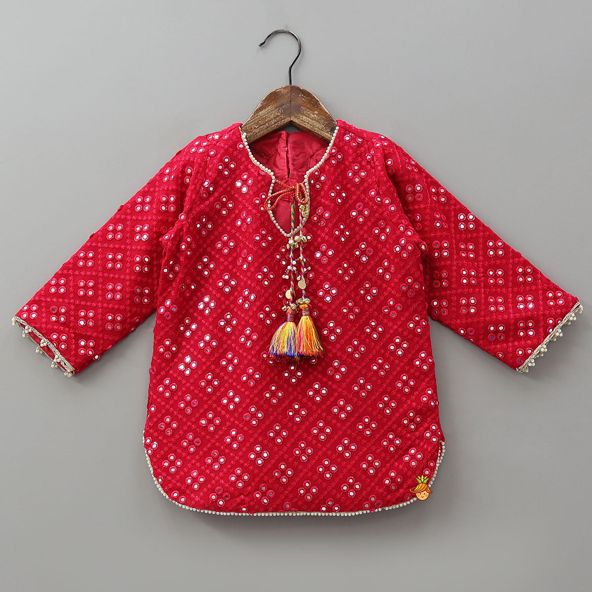 Festive Faux Mirror Embroidered Kurti And Farshi Salwar With Bandhani Printed Dupatta