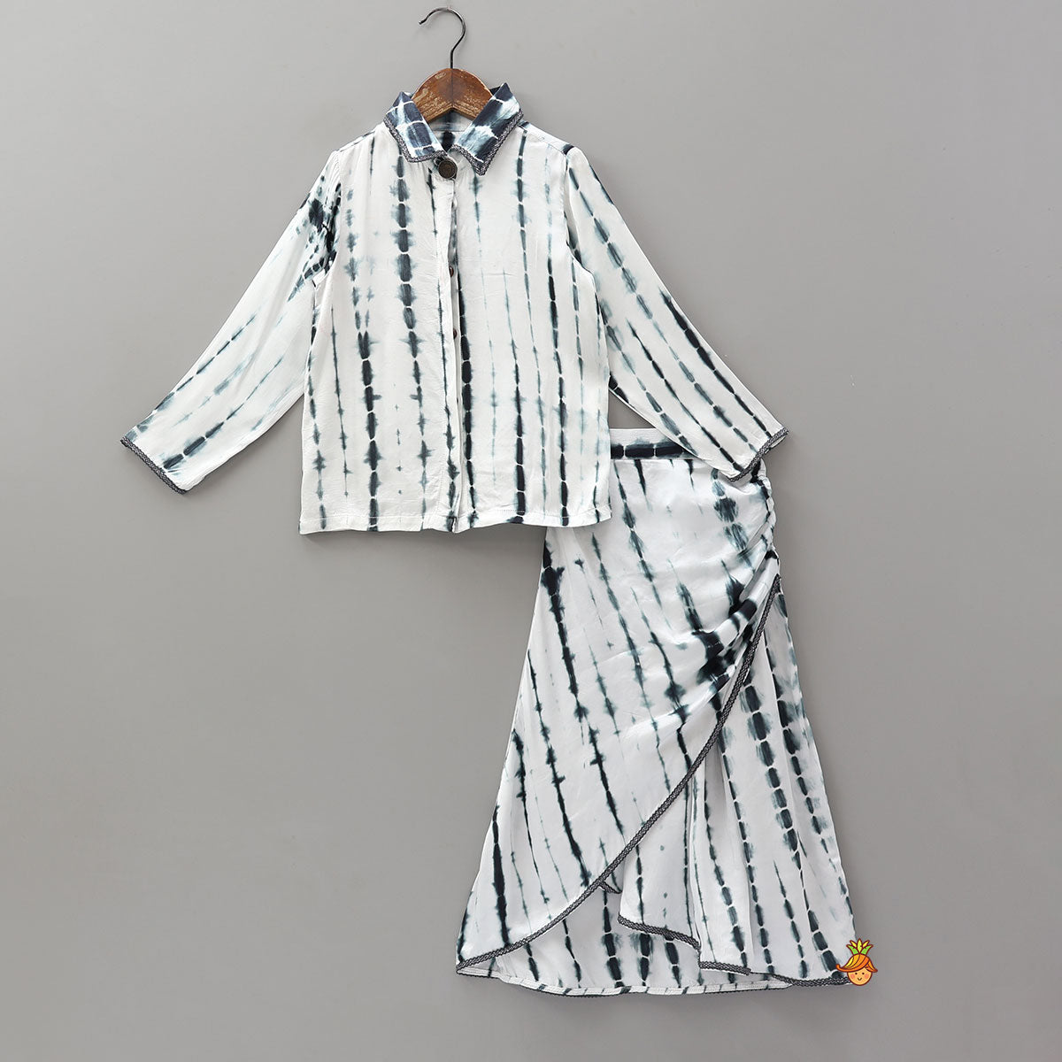 Tie Dye Shibori Printed Shirt Style Top And Asymmetric Lehenga Skirt