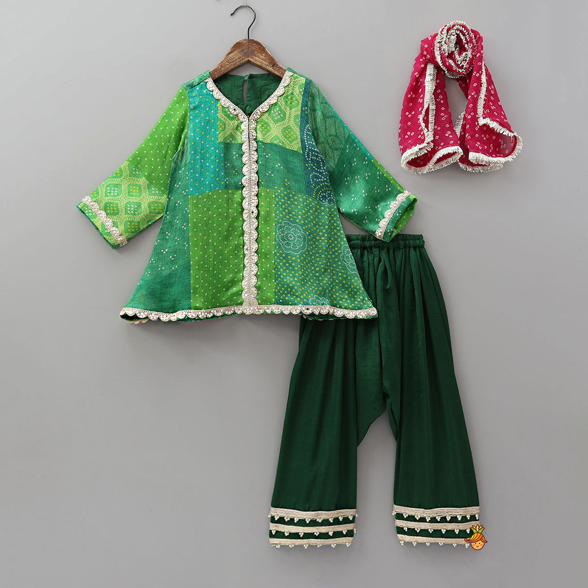 Festive Bandhani Printed Kurti And Salwar With Contrasting Dupatta