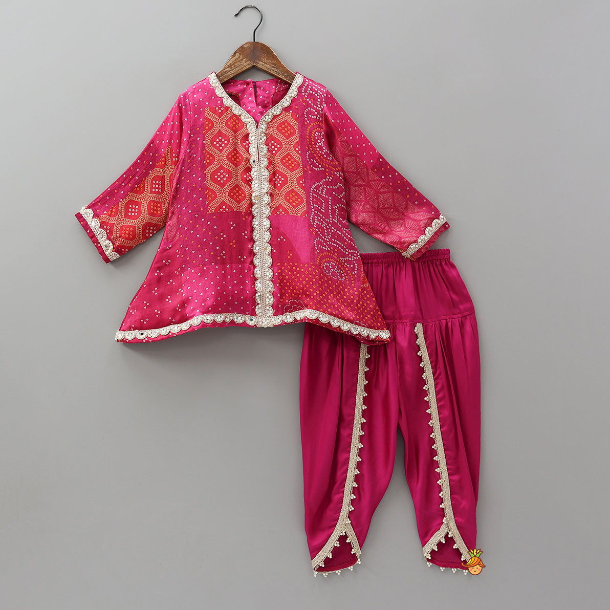 Festive Bandhani Printed Kurti And Dhoti Style Pant With Contrasting Dupatta