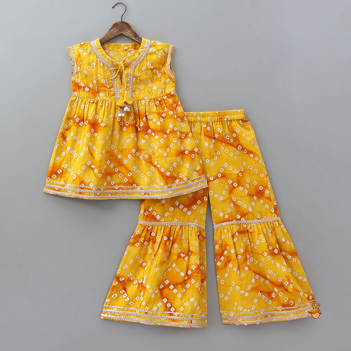 Front Tie Up Bandhani Printed Kurti And Sharara