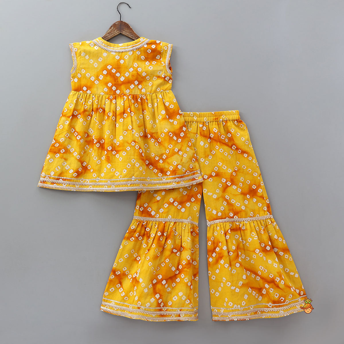 Front Tie Up Bandhani Printed Kurti And Sharara