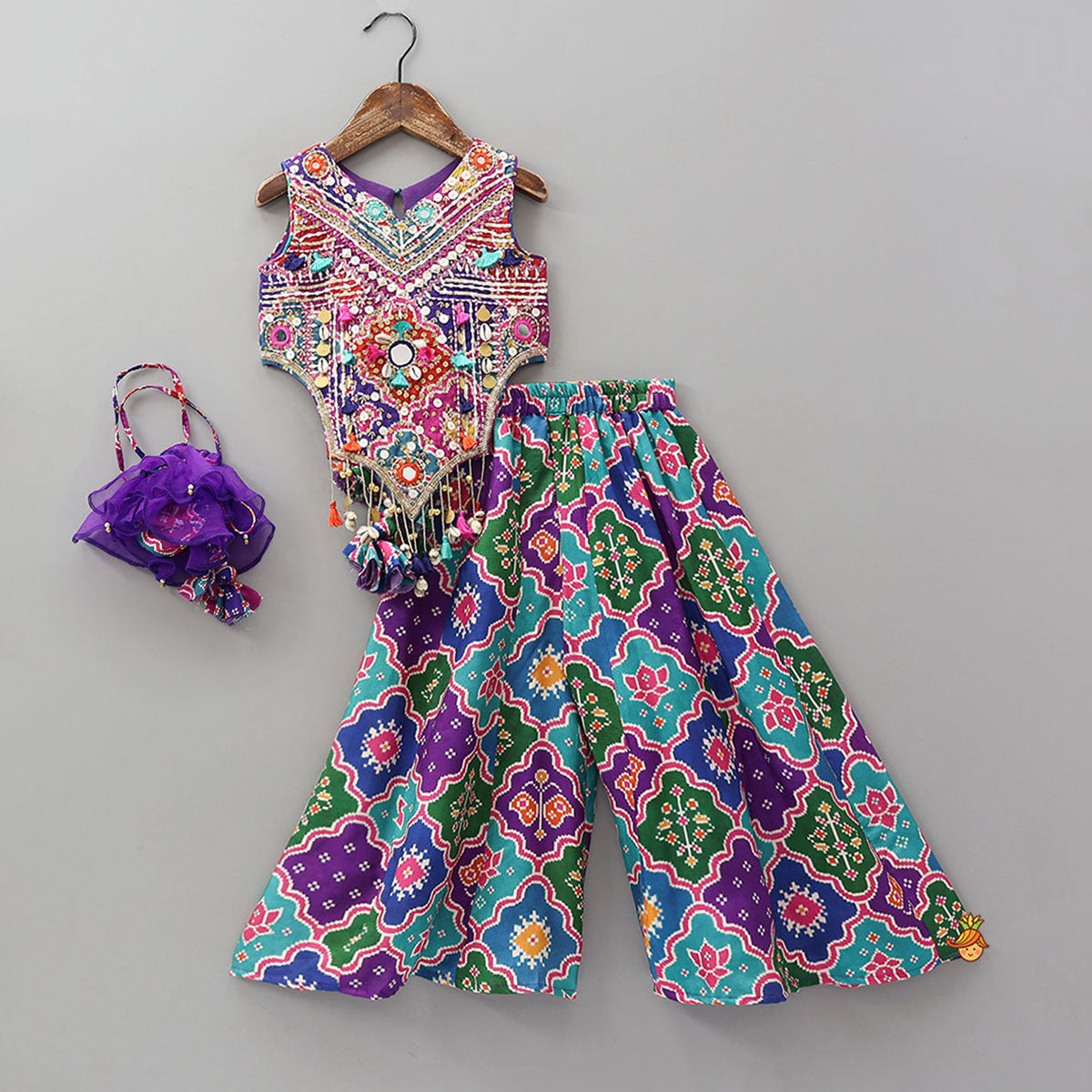 Heavily Embroidered Top And Palazzo With Potli Bag