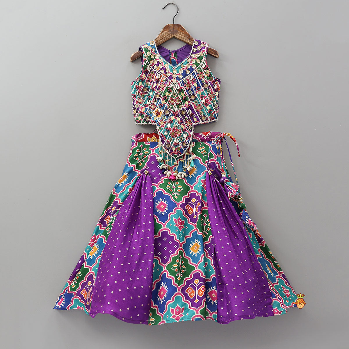 Heavily Embroidered Colourful Top And Lehenga With Potli Bag