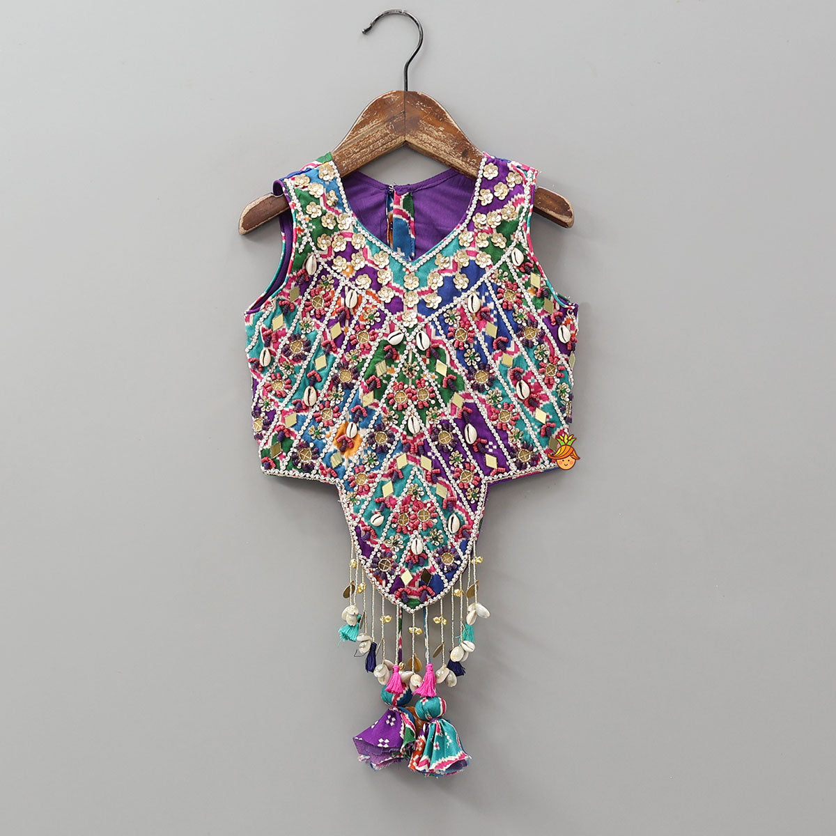 Heavily Embroidered Colourful Top And Lehenga With Potli Bag