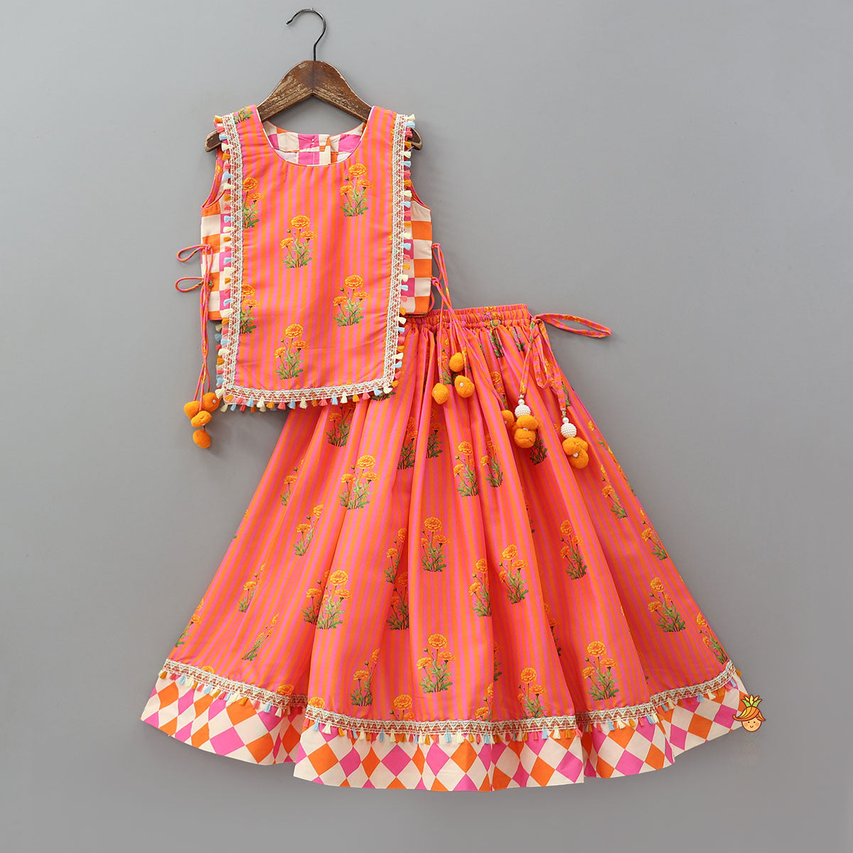 Checks Printed Flap Top And Lehenga With Dupatta