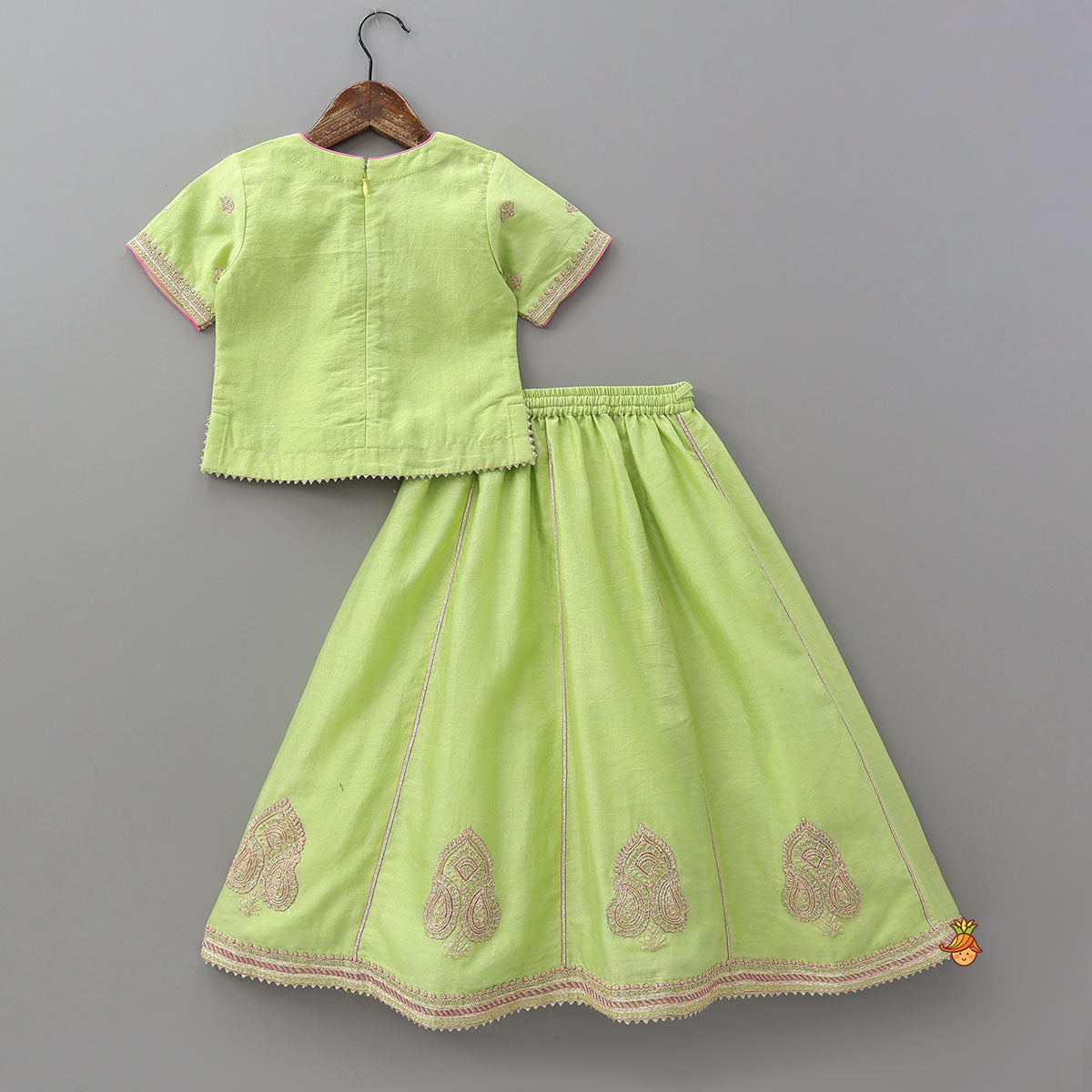 V Neck Booti Embroidered Elegant Top And Lehenga With Dual Tone Dupatta
