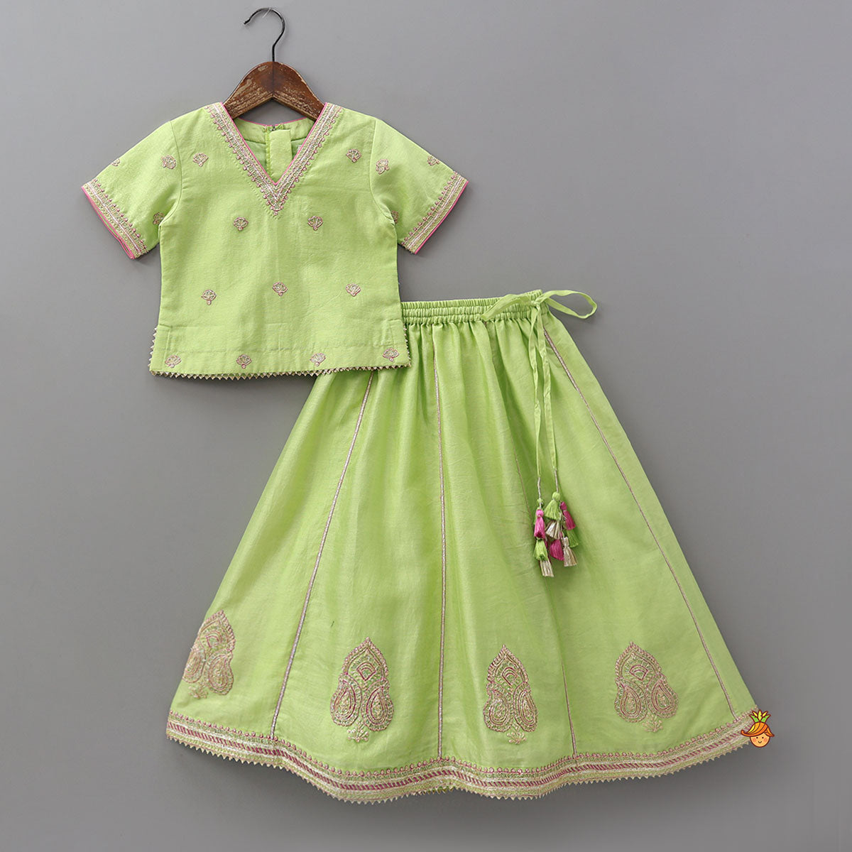 V Neck Booti Embroidered Elegant Top And Lehenga With Dual Tone Dupatta