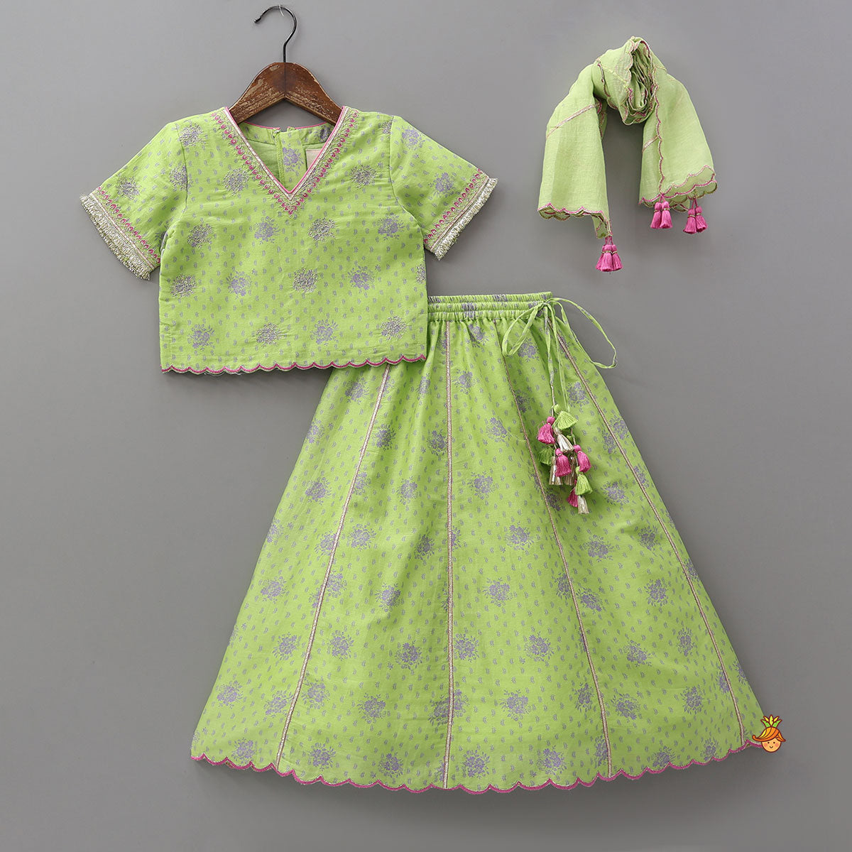 Printed Top And Lehenga With Scalloped Design Dupatta