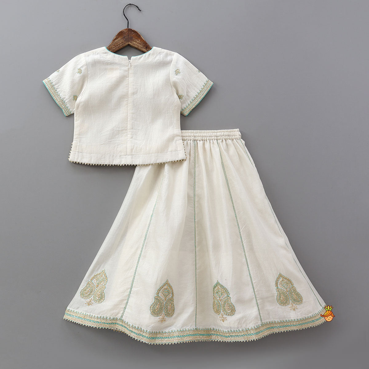 V Neck Booti Embroidered Top And Lehenga With Dual Tone Dupatta