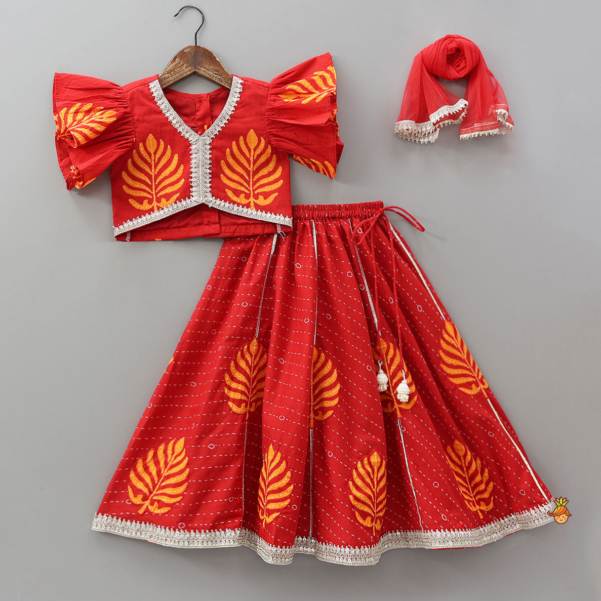 Ruffle Sleeve Printed Top And Lehenga With Dupatta