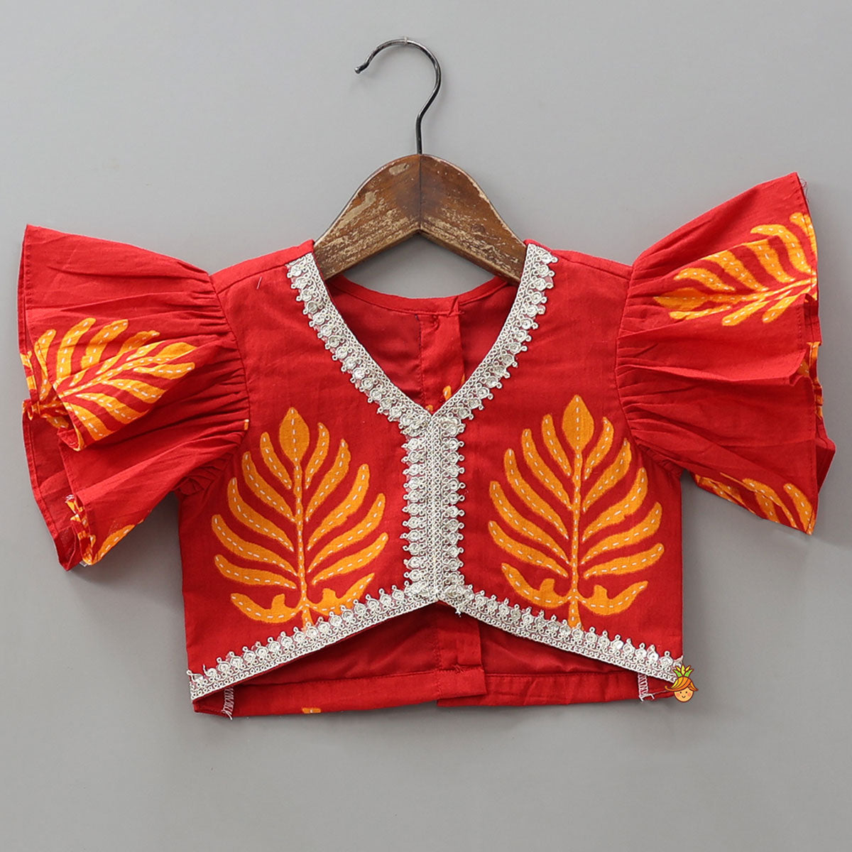 Ruffle Sleeve Printed Top And Lehenga With Dupatta