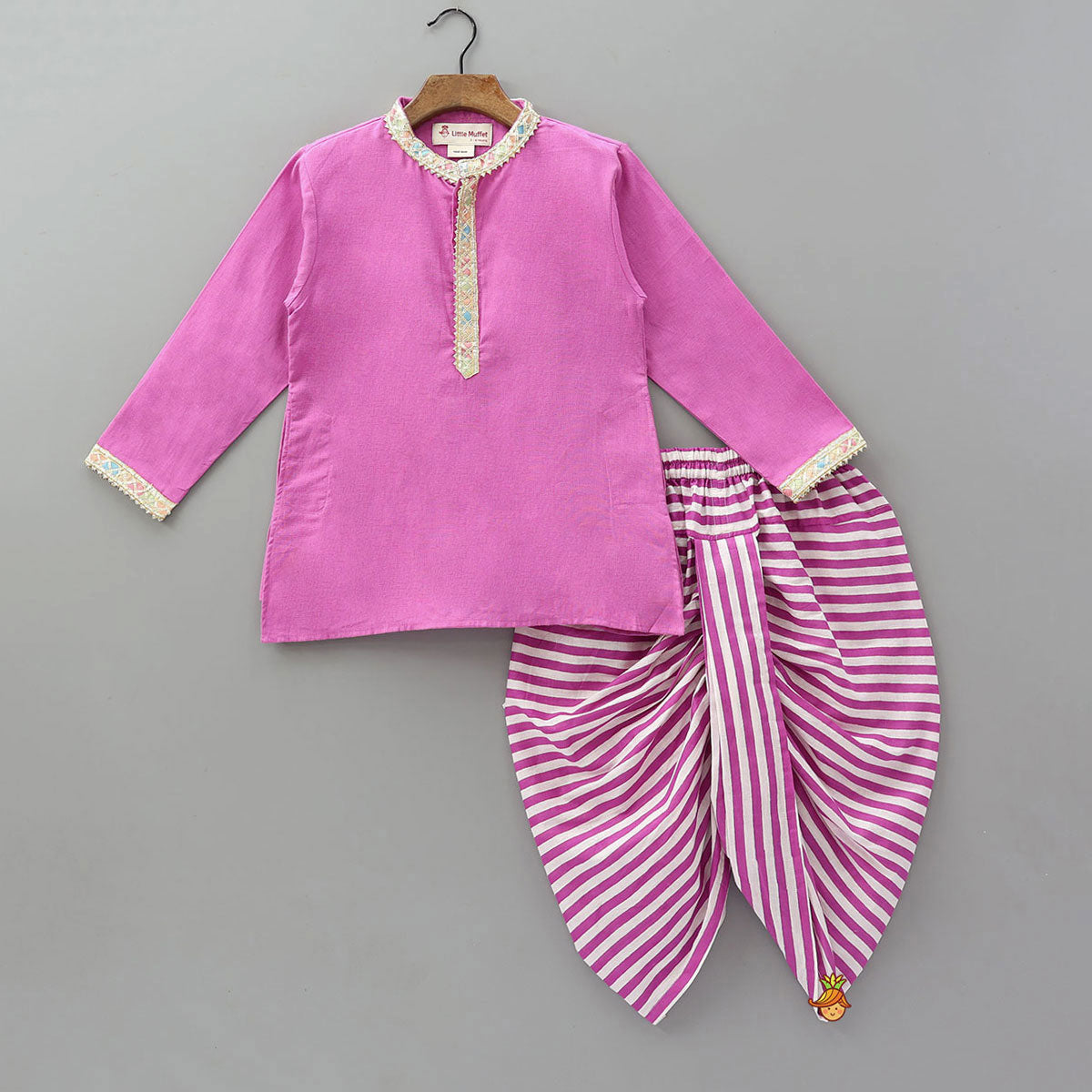 Colourful Lace Detail Kurta With Striped Dhoti