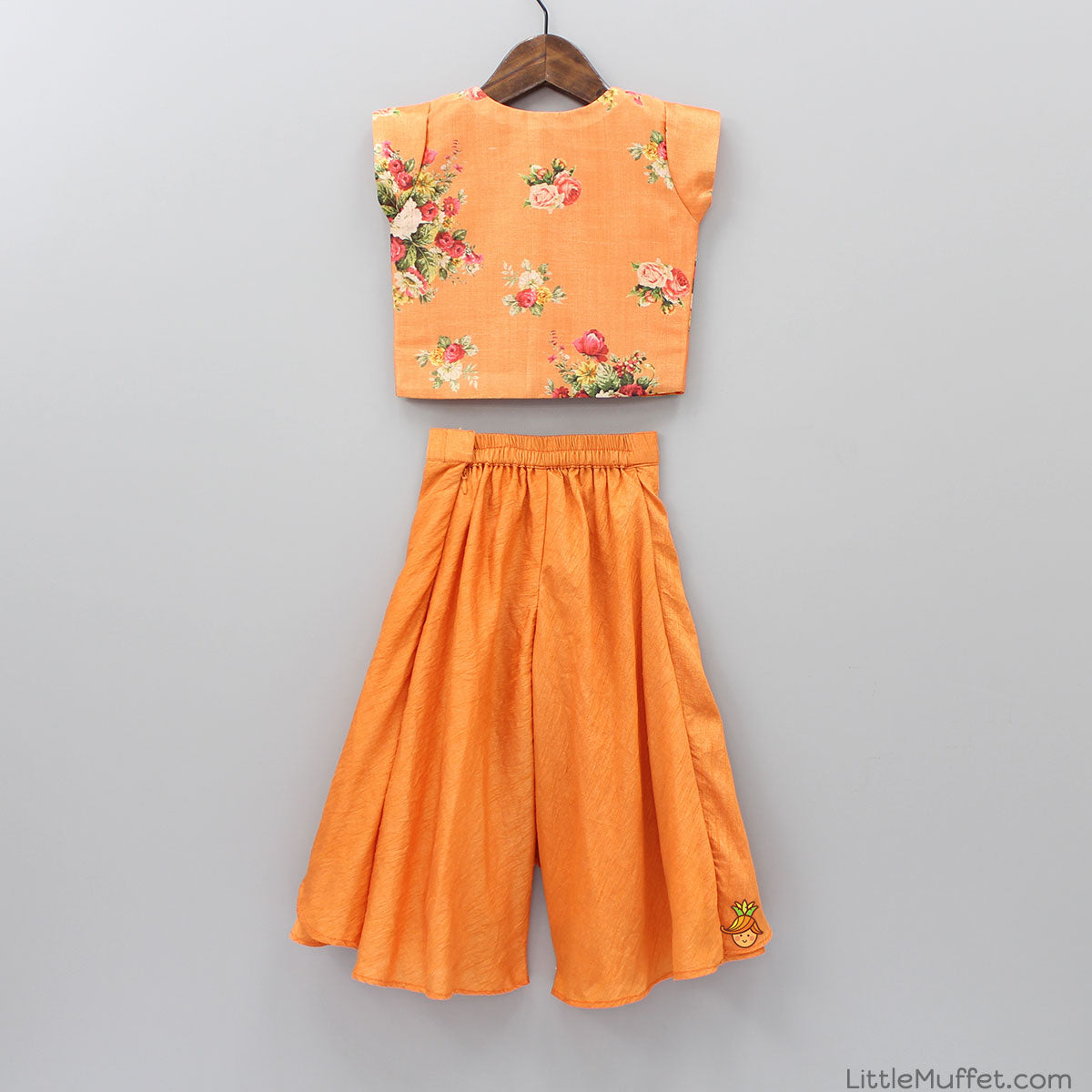 Orange Floral Top With Layered Palazzo And Pink Crop Top