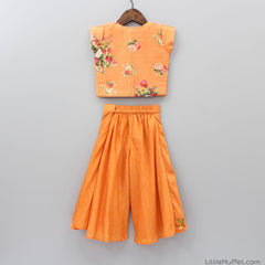 Pre Order: Orange Floral Top With Layered Palazzo And Pink Crop Top