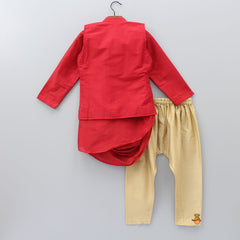 Red Cowl Style Kurta And Beige Pyjama With Embroidered Jacket