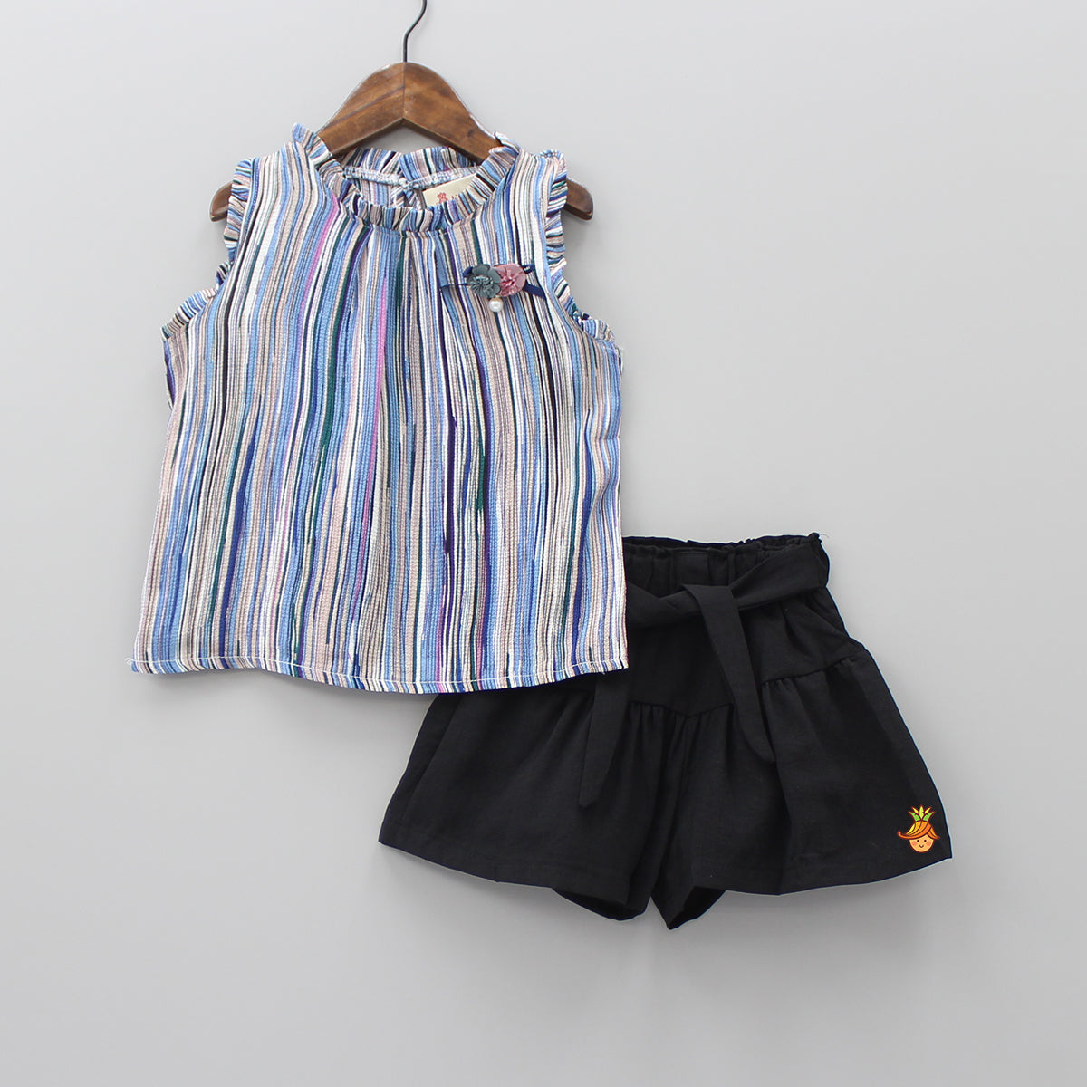 Multicolour Striped Top And Black Shorts Set