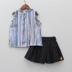 Multicolour Striped Top And Black Shorts Set