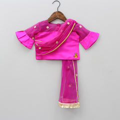 Pre Order: Pink Top With Attached Dupatta And Green Ghagra