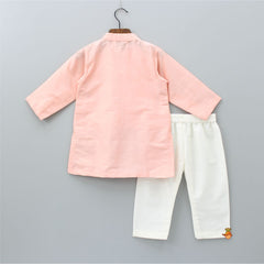 Pre Order: Pastel Peach Kurta With Attached Jacket And Pyjama