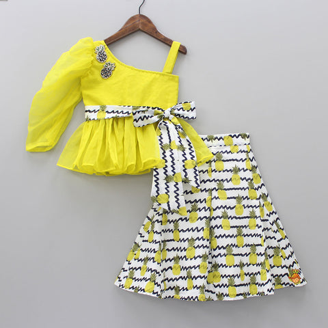 Pre Order: Stylish Yellow One Shoulder Top With Printed Palazzo