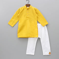 Stripped Asymmetric Jacket With Mustard Yellow Kurta And Pyjama