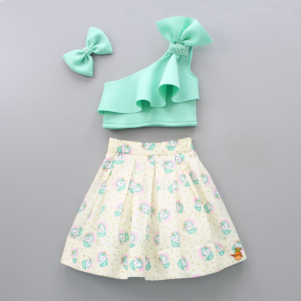 Pre Order: One Shoulder Top With Unicorn Printed Set And Hair Clip